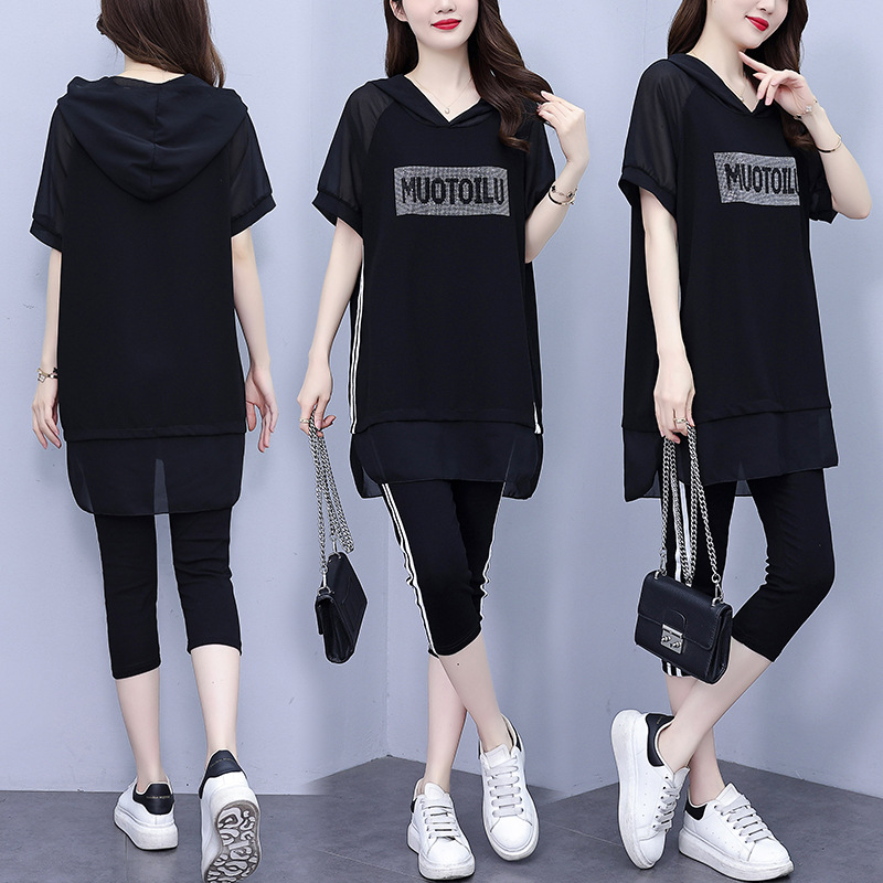 Plus Size Casual Sports Two-Piece Set for Fat Girls 2025 Summer New Women's Suit Loose Slimming Look T-Shirt Cropped Pants