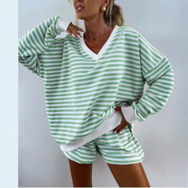 Summer New Women's Casual Striped Long Sleeve V-Neck Loose Top Sports Shorts 2-Piece Set For Women_ecoleips.com