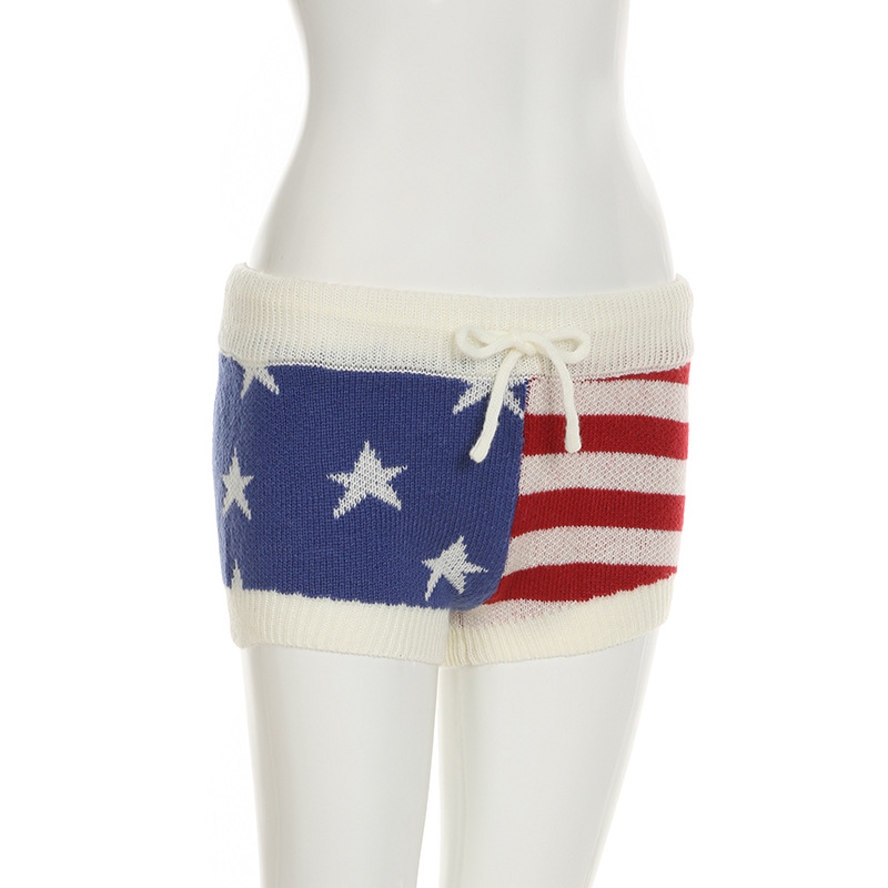 Street Sexy Low Waist Star Stripes Contrast Color Woolen Shorts Sexy Lace up Slim Fit All Match Retro Pants