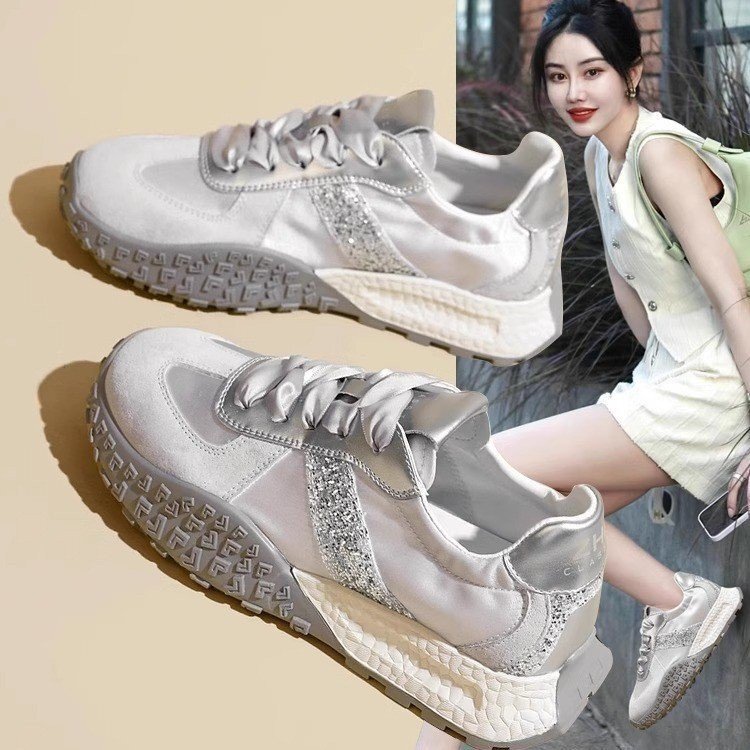 silver Desun Shoes Women's 2024 New Summer Thick Sole Sports Casual Shoes Thin Breathable Soft Sole Increased White Shoes