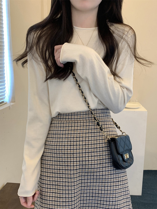 韩版基础款圆领卷边针织衫打底女早秋慵懒风毛衣长袖软糯内搭上衣|undefined