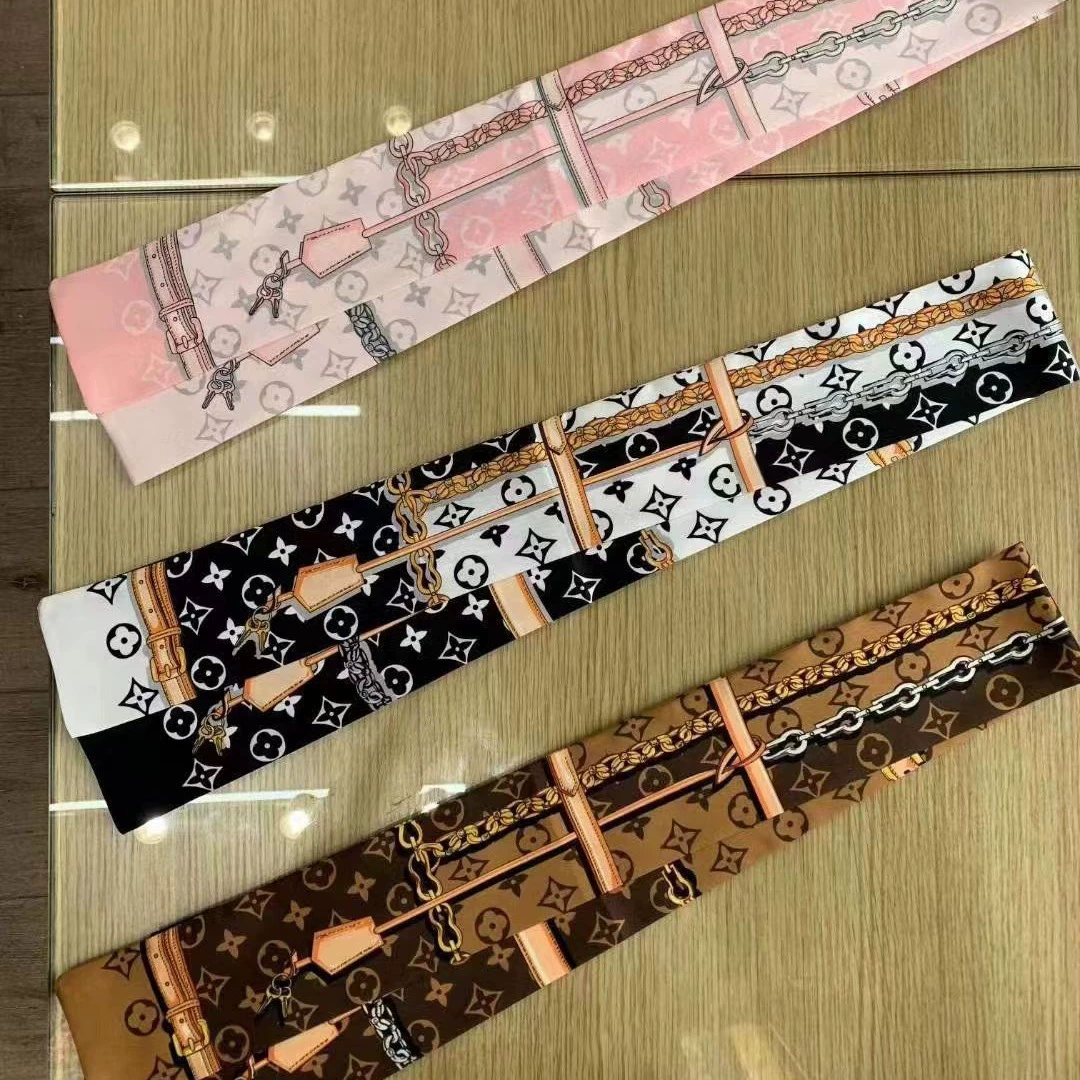 Длинный шелковый шарф в индивидуальной упаковке с сумкой, шелковый шарф с ручкой, большой брендовый шелковый шарф с цепочкой, женский стример для волос коричневого цвета