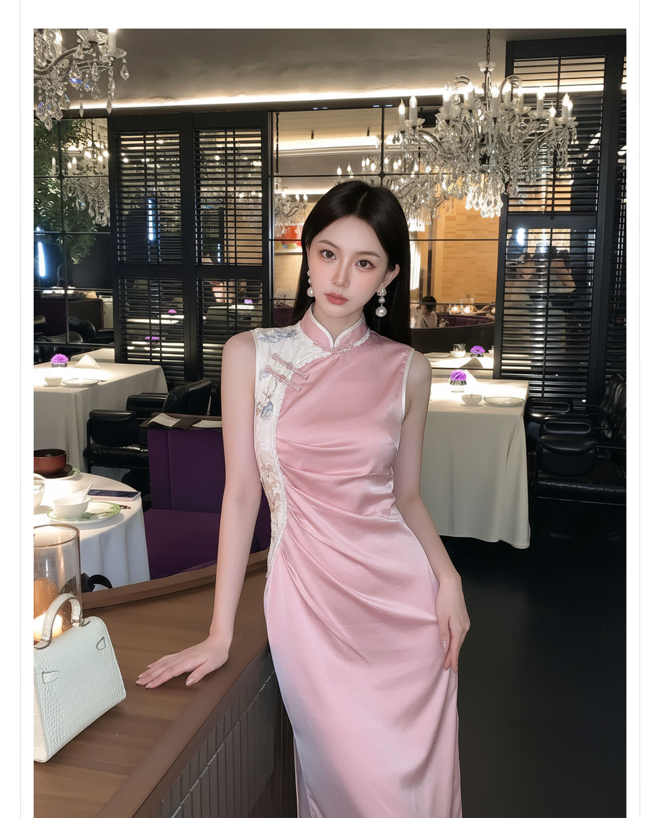 Đầm maxi nữ thắt eo cổ đứng thêu hoa phong cách Trung Hoa mùa hè — màu hồng chi tiết 7