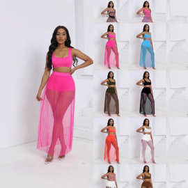 欧美时尚性感女装新品背心半裙短裤三件套沙滩透视压褶网纱裙套装