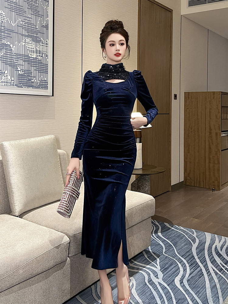 Đầm dạ hội nữ kiểu Pháp cổ tròn ôm sát hông chất nhung lấp lánh — Màu xanh lam