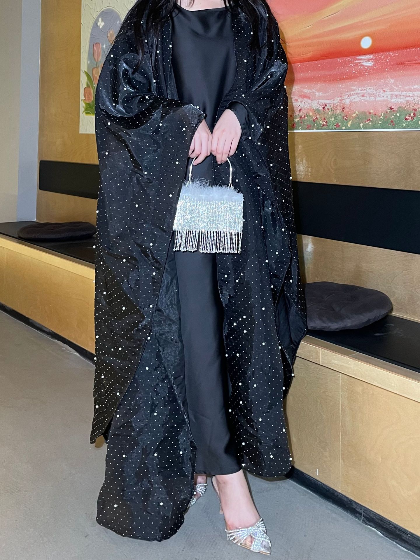 Dubai Abaya Set - Embellished Long Sleeve Open Front Cover With Beaded Detailing (Black, S-L) | Modest Luxury Two-Piece Outfit_voghion.com
