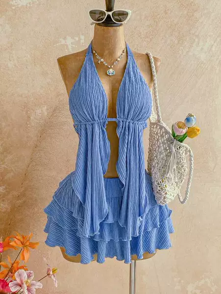 Source Factory European and American Pure Desire Style Halter Neck Textured Ruched Cardigan Top and Ruffled Short Skirt Vacation Two-Piece Set