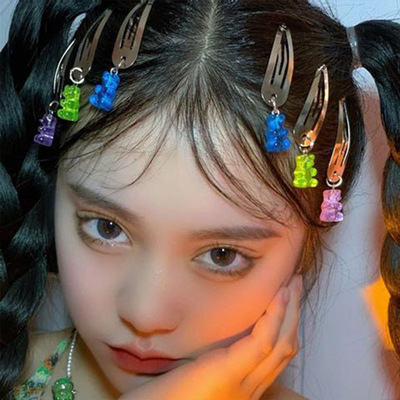 少女风糖果色小熊吊坠发夹刘海夹女生bb夹边夹可爱头饰一字夹