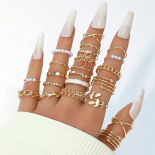 Cross-border European and American Butterfly Diamond Ring Mixed Batch Pearl Ring Women's Leaves Geometric Chain Joint Ring 22 Pieces Set