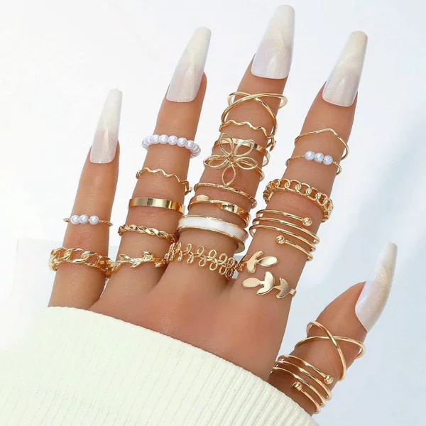 Cross-border European and American Butterfly Diamond Ring Mixed Batch Pearl Ring Women's Leaves Geometric Chain Joint Ring 22 Pieces Set