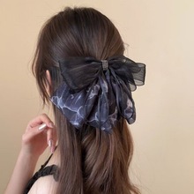 轻奢高级感印花网纱蝴蝶结发夹新款韩国后脑勺马尾抓夹女生鲨鱼夹