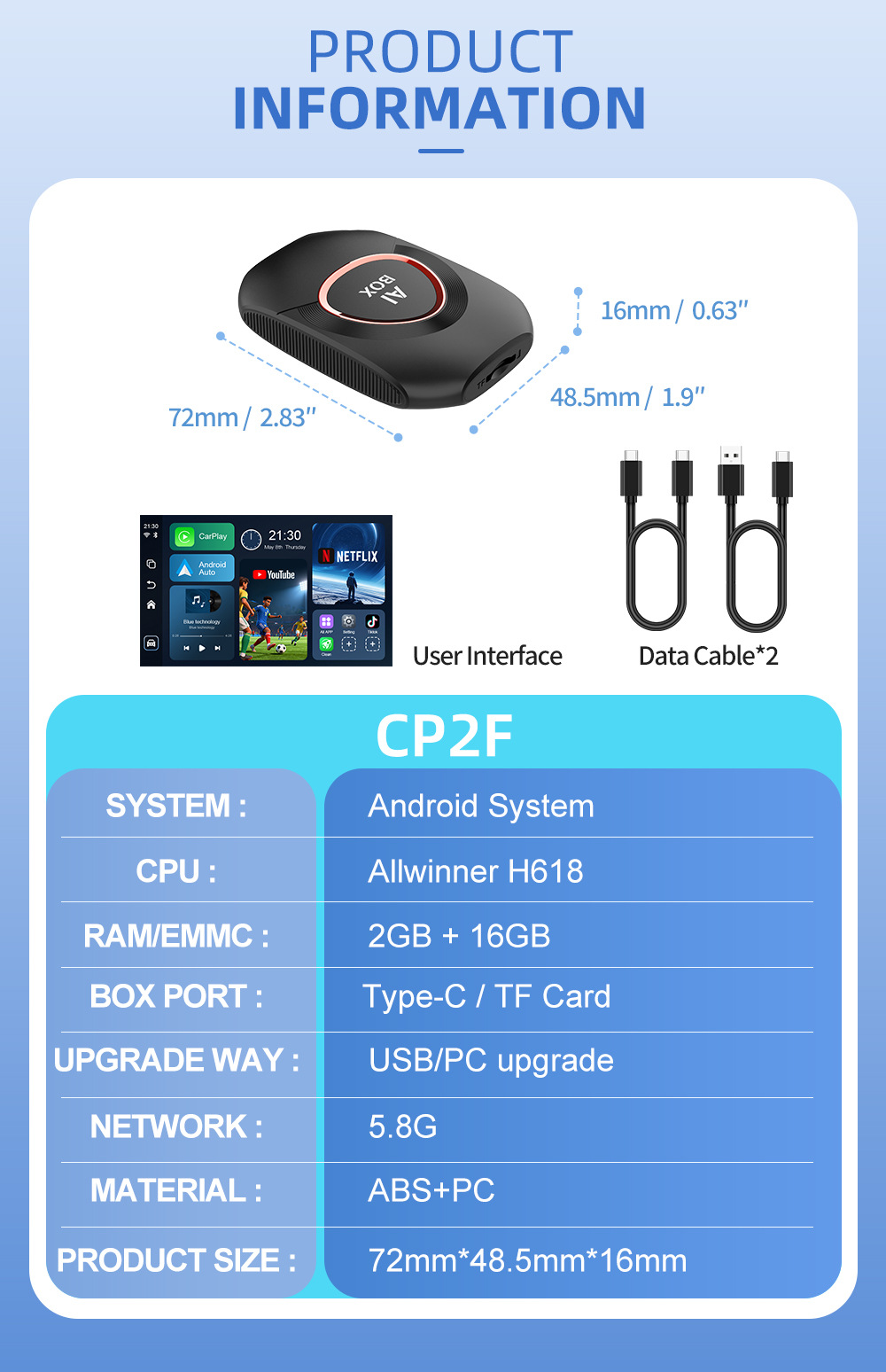 Cross-Border Carplay Box Wired to Wireless Apple Android Auto Connectivity Smart 2+16Gb