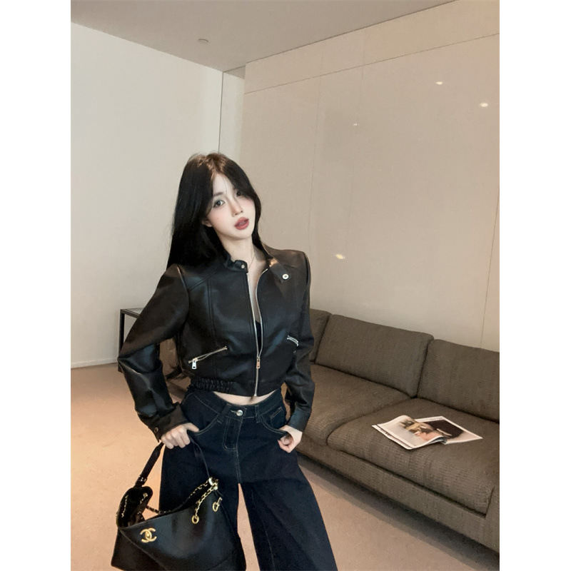 秋季新款甜酷辣妹百搭短款机车服夹克高腰皮衣外套女上衣|undefined
