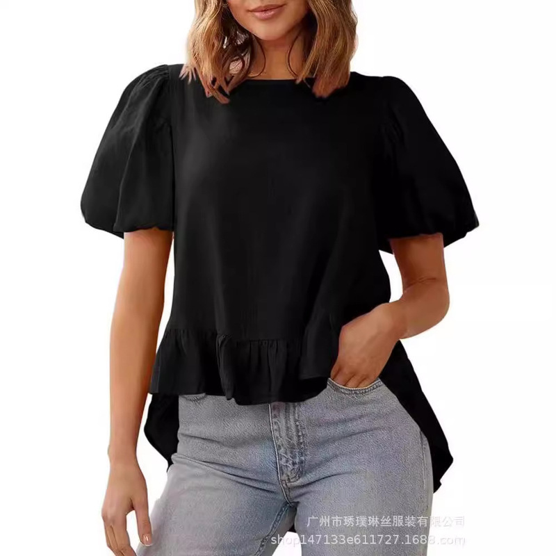 2024 Amazon Foreign Trade Women's Round Neck Short Sleeve Top Summer Casual High and Low Ruffled Solid Color Casual Shirt