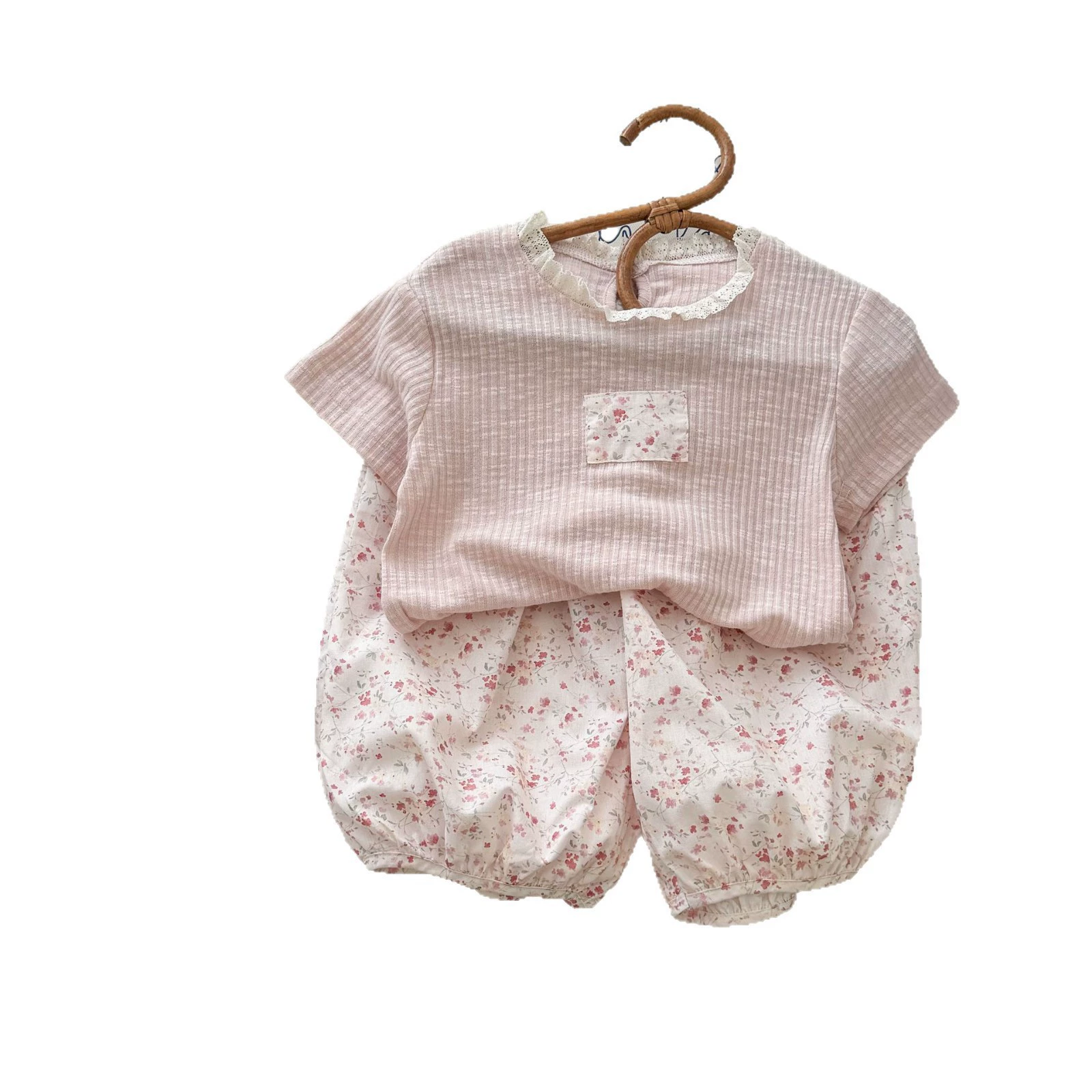 Cute fuchsia summer set girl's, soft T-shirt, flashlight, french style, floral print