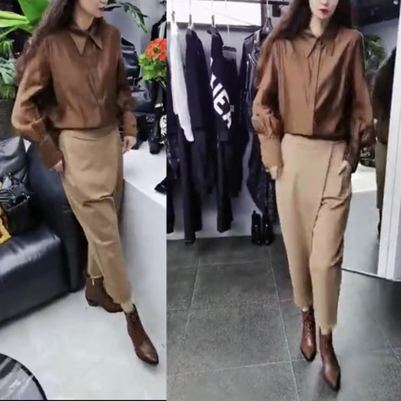9912 big beauty Yiyuan 2021 autumn new Curry color lapel long sleeve shirt fashion front slant lapel trousers women's clothing