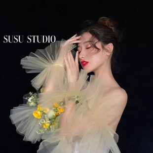 2023 new bridal wedding accessories makeup exaggerated shape mesh hard yarn sleeves photo photo gloves