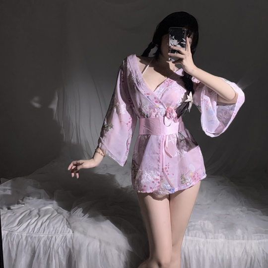 New Printed Japanese Kimono Sexy Uniform Tulle Perspective Sexy Pajamas Hot Pure Three-Point Sexy Pajamas