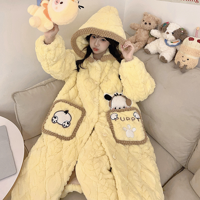 겨울 산호 양털 귀여운 여성용 파자마 3 층 퀼트 긴 후드 따뜻한 홈 의류 세트 여성용 외모
