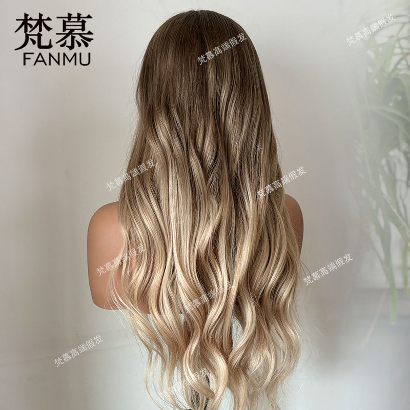 Fanmu European and American Classy White Women's Lace Wig Long Wavy Human Hair Glue-Free Wig Cross-Border Source Factory