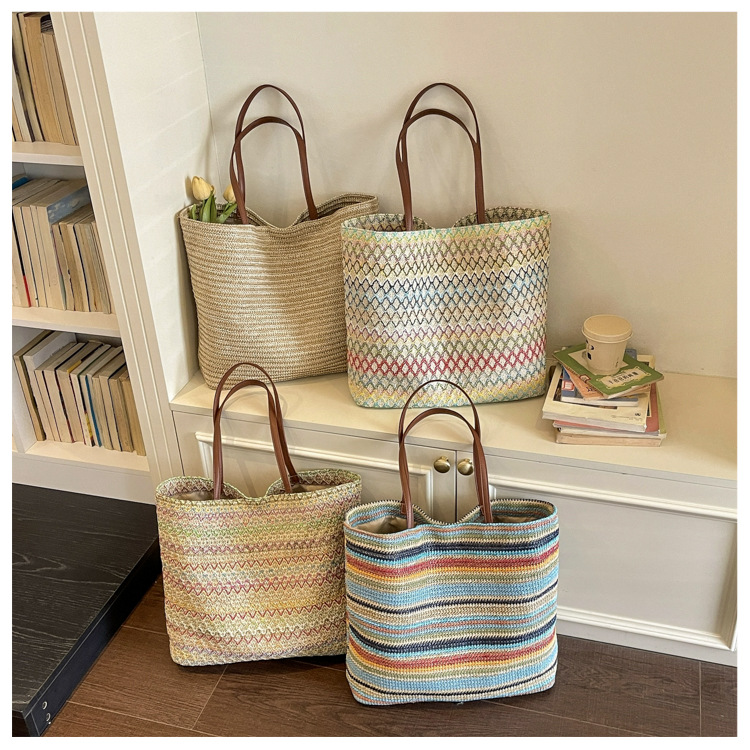 Women's Large Woven Tote Bag Shoulder Bag With Contrast Texture_voghion.com