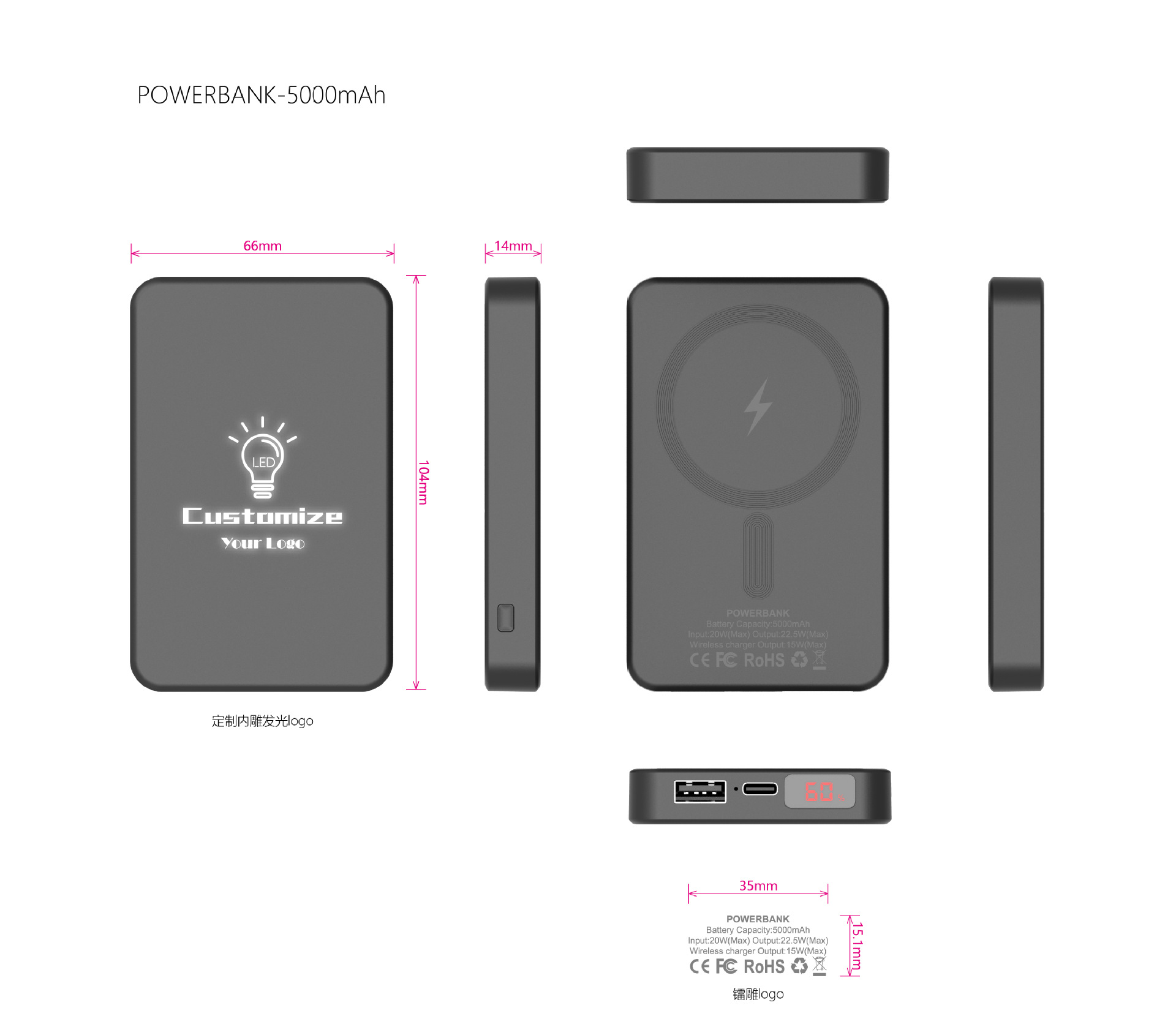 LED beleuchtete Magsafe magnetische kabellose Schnellladefähigkeit mobiles Stromversorgungsgerät mit Rücklicht 15W kabelloses Schnellladen Powerbank