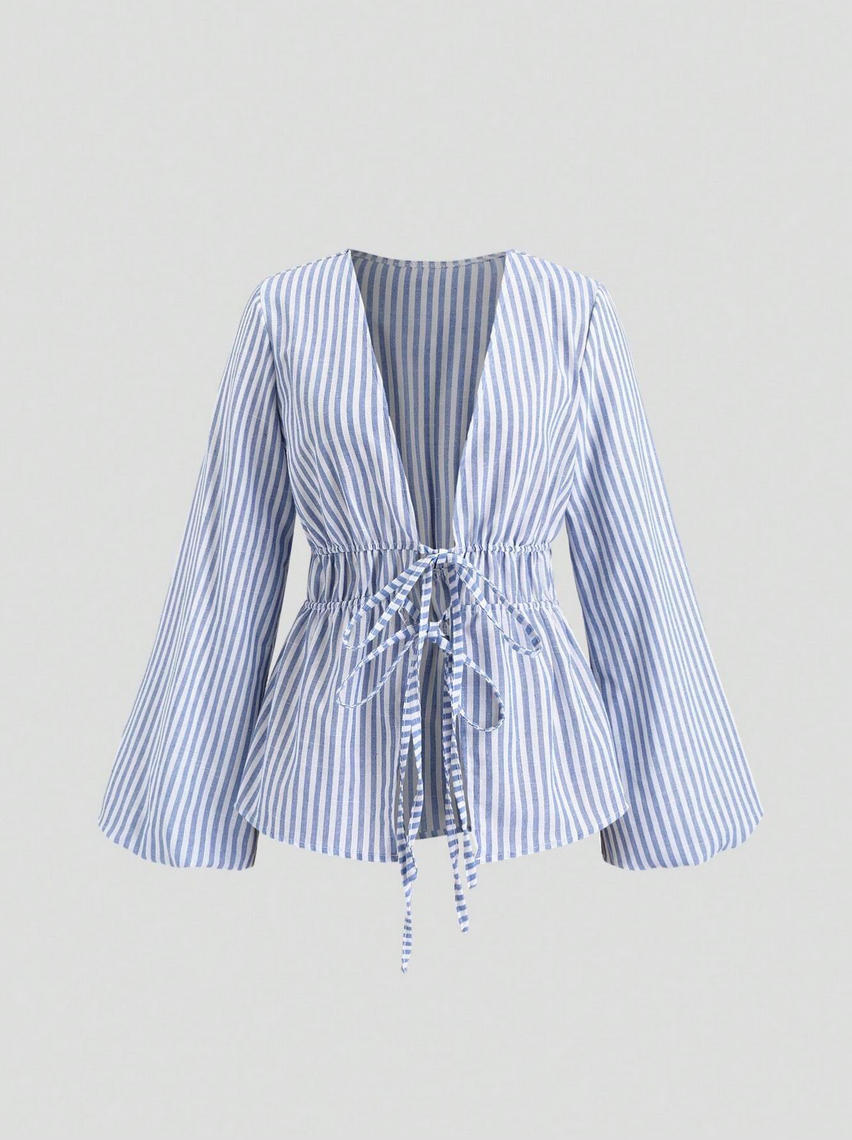 2025 Autumn New European and American Style Striped Shirt Long Sleeve Tie Shirt Cardigan Popular Cross-Border Amazon Women's