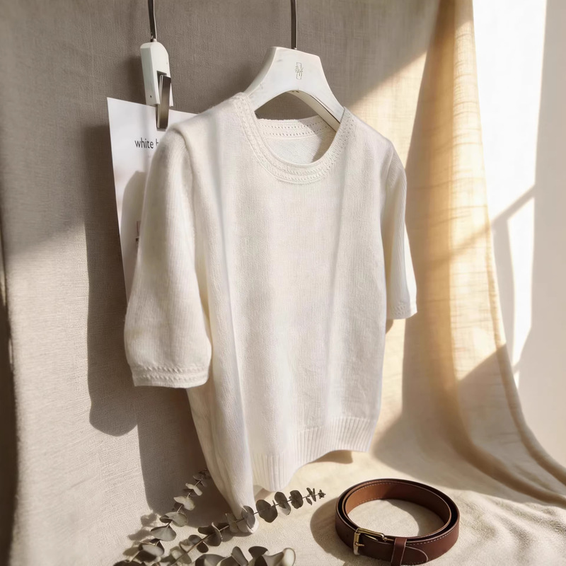 Minimalist Style White Round-Neck Cashmere Short-Sleeved Knitwear for Women, Loose and Versatile Thin Sweater, Wool T-Shirt Top Minimalist Style White Round-Neck Cashmere Short-Sleeved Knitwear for Women, Loose and Versatile Thin Sweater, Wool T-Shirt Top