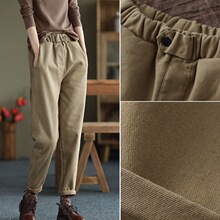春秋纯棉斜纹哈伦裤女装新款洋气松紧腰时尚纽扣休闲高腰小脚长裤