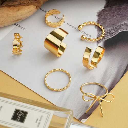 European and American cross-border hot-selling retro bow five-pointed star twist 8-piece ring ins style ring open ring