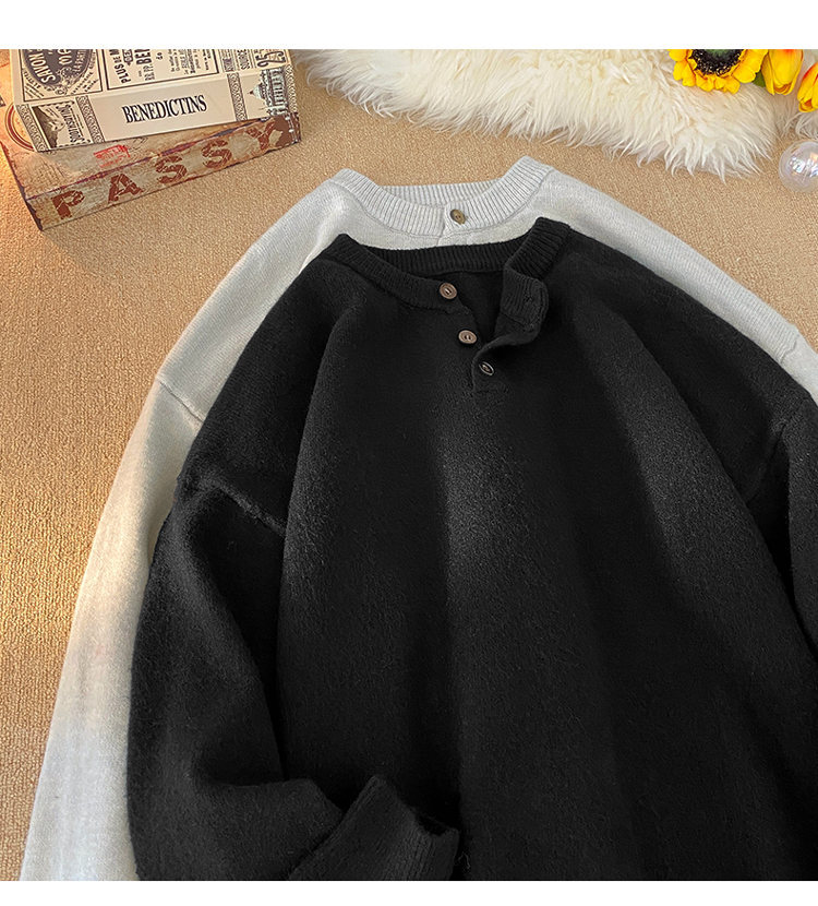 Cleanfit Henley Knit Sweater – Heavyweight Relaxed Pullover With Ribbed Hem_voghion.com