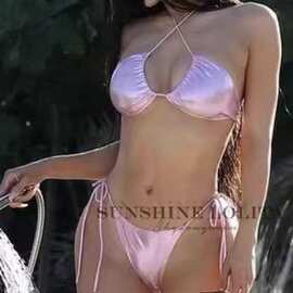闪耀金丝抹胸分体系带比基尼性感辣妹三点式小胸聚拢沙滩泳装度假