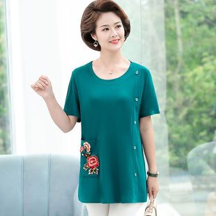 Amazon Aliexpress Ebay Independent Station Summer Pure Color Short-Sleeved T-Shirt Middle-Aged and Elderly Loose Large Size Slimming Look Top