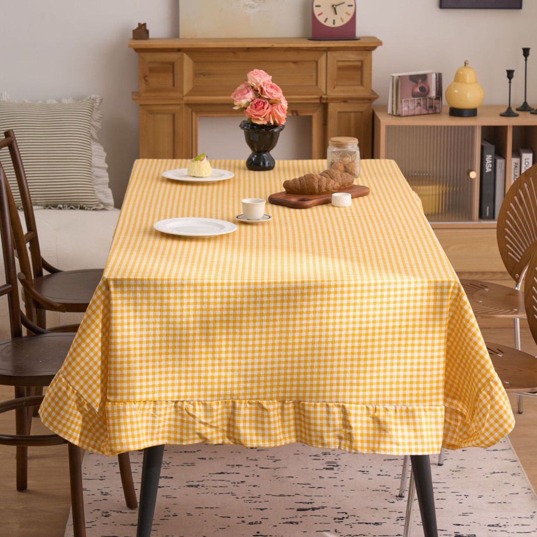 Yimanqiyun Tablecloth French Retro Plaid Print Round Ruffle Atmosphere Dining Table Living Room Fabric