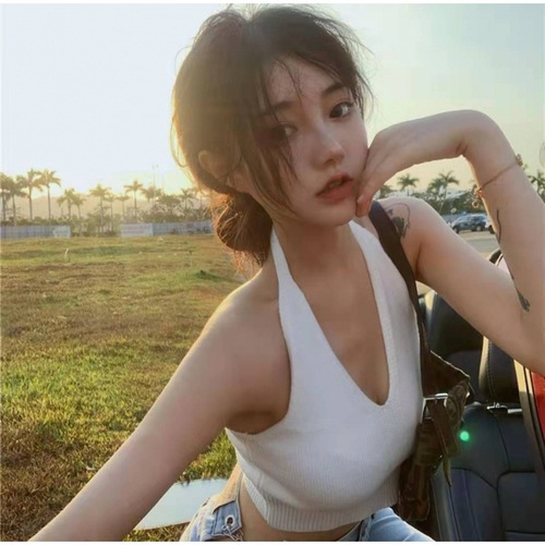 Women's Blue Strappy Bralette, Summer  New Design, Chic French Style, Small Crowd, Short-Sleeved Top