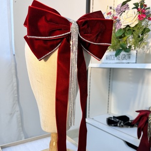 Velvet bow long flow Su wine red toast clothing headdress festive Geely wedding happy event Spring Festival holiday