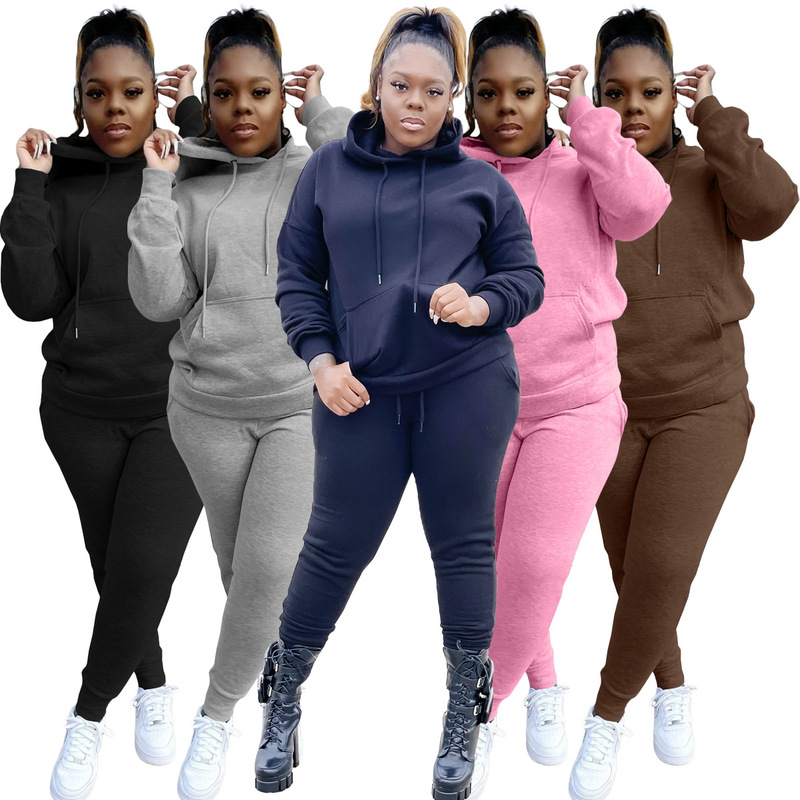 A8839 European and American large size women's clothing Amazon autumn and winter fashion casual hooded plus velvet two-piece fat woman suit