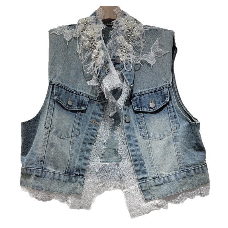 Estación europea de diseño pesado diamante de encaje chaleco chaleco de mujer nueva chaqueta de vaqueros suelta de moda