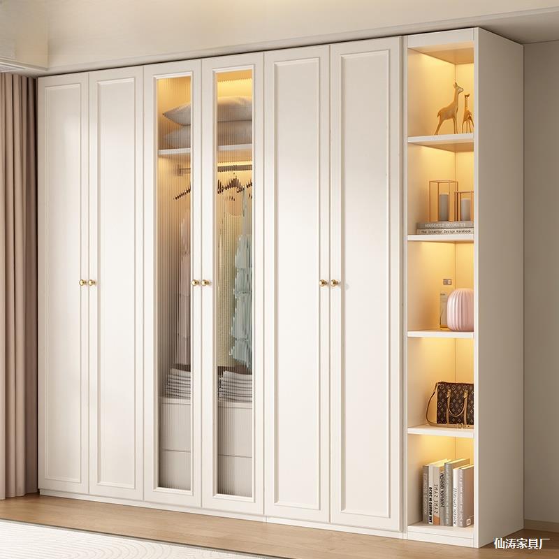 French-Style Wardrobe for Bedroom, Cream-Colored Solid Wood Light Luxury Cabinet with Glass Doors, Modern Minimalist Combination Large Wardrobe