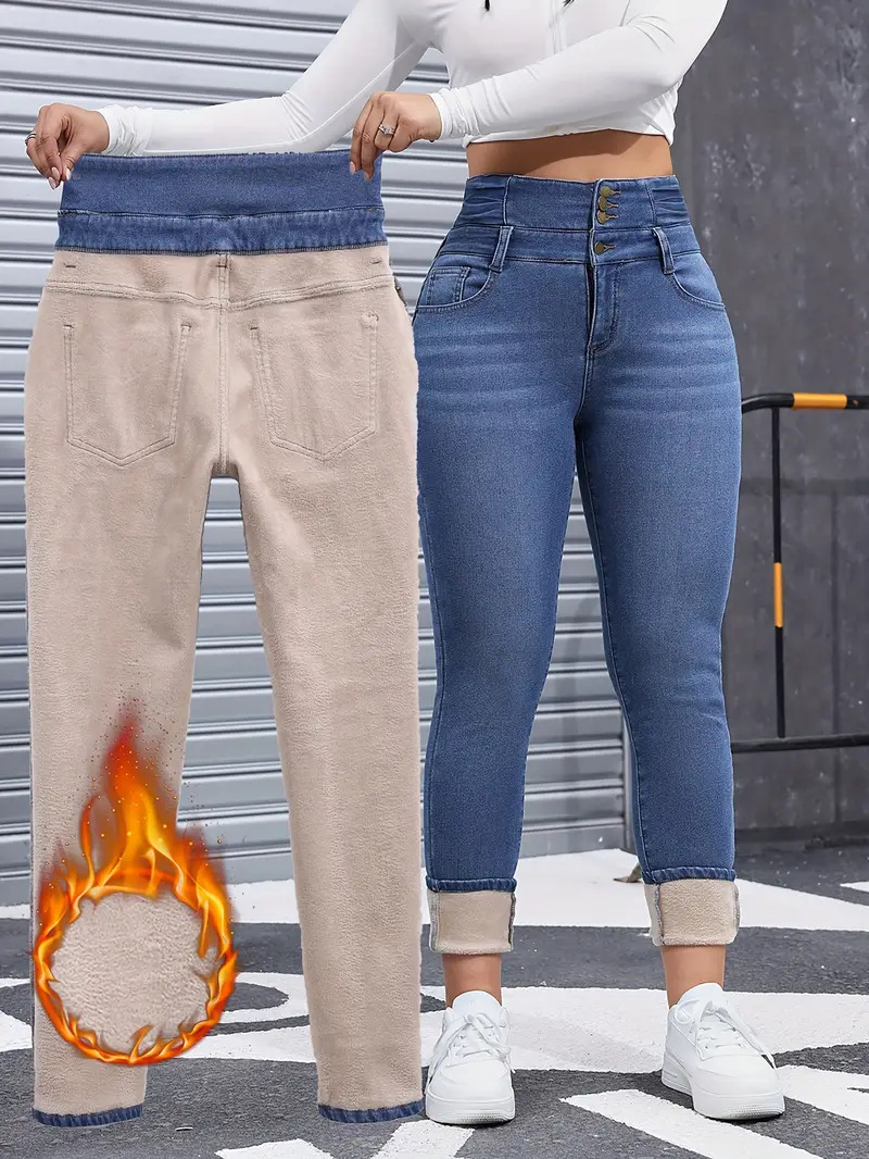 Fashion Versatile Women's Skinny Jeans Fleece Lined Elastic Waist Multi Button Solid Color Autumn Winter New Style_ecoleips.com