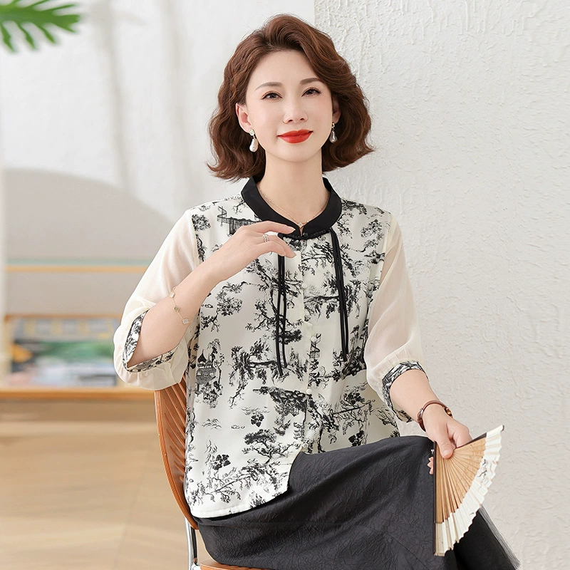 Летний наряд для мамы среднего возраста, легкая роскошная шифоновая блузка, топ для женщин среднего и пожилого возраста, весенне-летняя базовая рубашка, элитная летняя женская рубашка