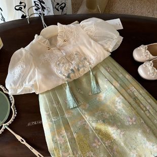Chinese Style Girls' Chinese-Style Horse Face Embroidered Short-Sleeved Suit Kidsren's Han Dynasty Summer 2025 Girls Princess New Style