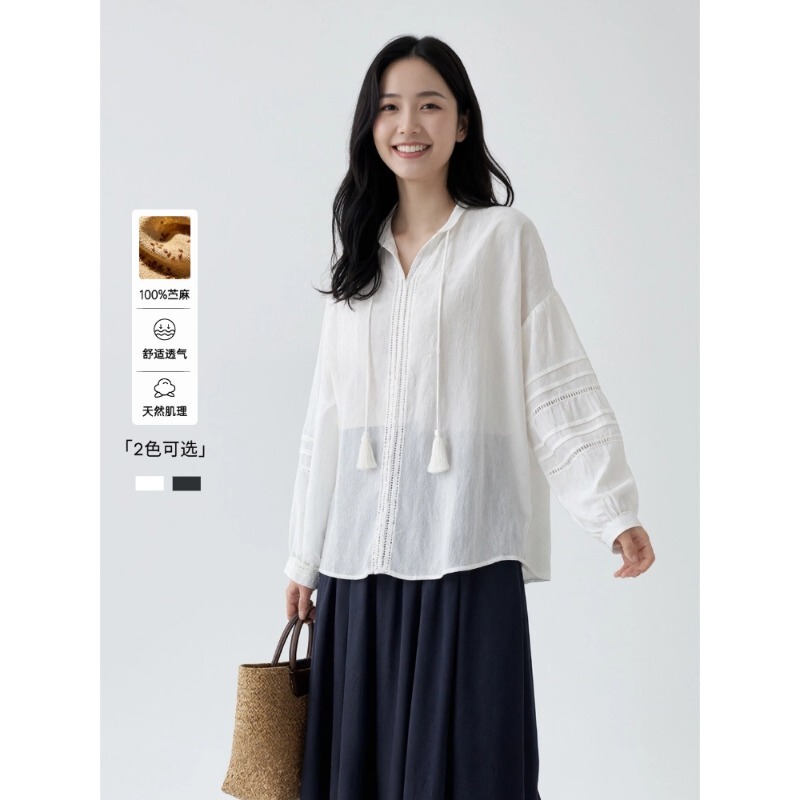 Loom Thoughts: Breathe Freely - 100% Ramie Breathable and Comfortable Tassel Tie V-Neck Shirt Top Zq0012