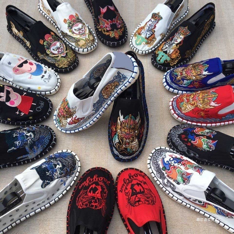 布鞋 男士老北京一脚蹬男中国风社会人脸谱刺绣花西山手工子批发