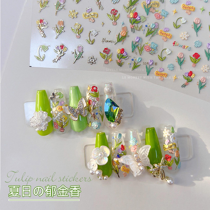 5d manicura estilo japonés pegatinas tulipán Camelia girasol pegatinas verano popular alivio tridimensional dibujos animados hueco