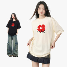 230g美式休闲圆领短袖T恤女2025年夏季时尚圆领宽松纯棉印花上衣