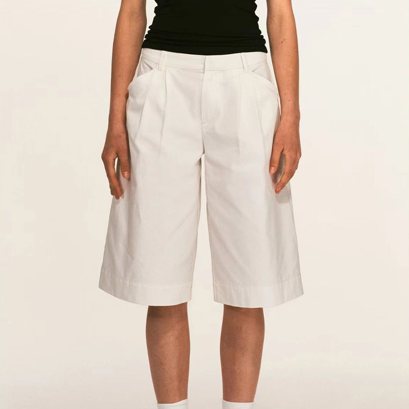 In Stock Alrigh 100% Cotton Natural Waist Double Pleated Loose Straight-Leg Cropped Shorts Women's Basic Style In Stock Alrigh 100% Cotton Natural Waist Double Pleated Loose Straight-Leg Cropped Shorts Women's Basic Style