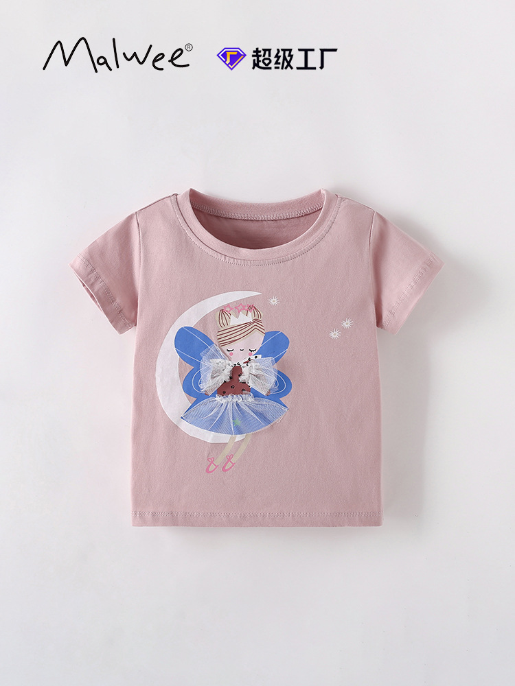 Malwee niñas camisetas de verano nuevo estilo europeo y americano para niños de media edad impresión casual de cuello redondo ropa de niños camisas de manga corta