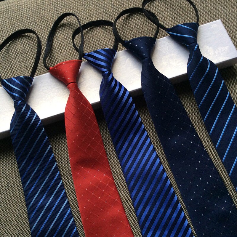 Men's Business Formal Zipper Tie, Groom's Wedding Blue Stripesd Korean Style Black Lazy Tie