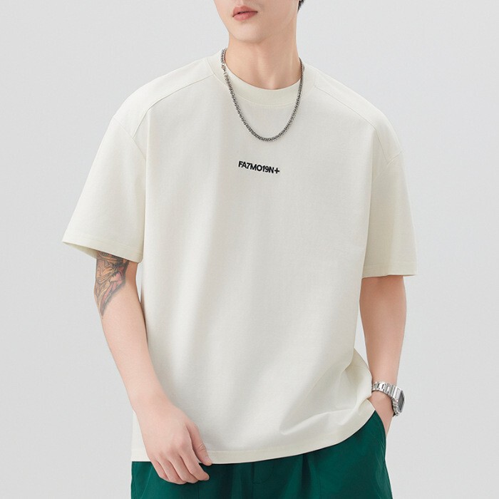 Dan Baoni | T-Shirt Men's Short Sleeve Spring and Summer Round Neck Embroidery Light Color Casual Basic Popular Loose Top Youth